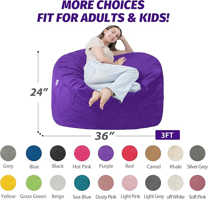 3FT Bean Bag Chair with Ultra Soft Velvet Cover Bean Bag Sofa with Memory Foam - Image 2