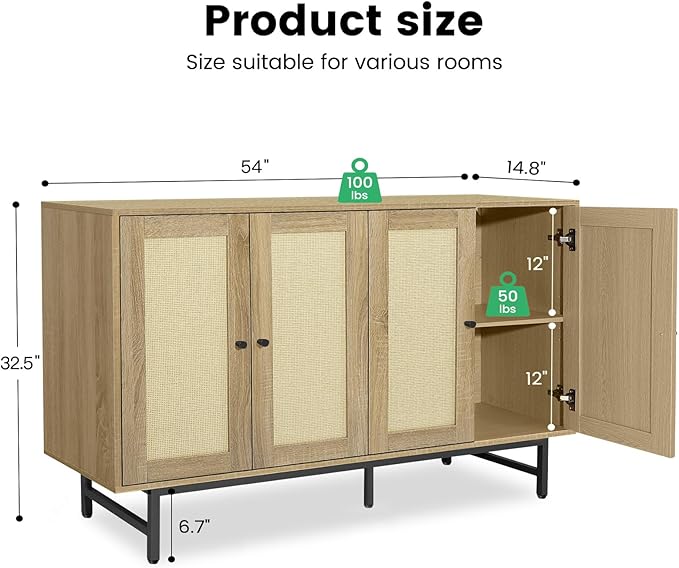 Sideboard Buffets Cabinet with 4 Rattan Doors, Large Storage Accent Cabinet - Image 3