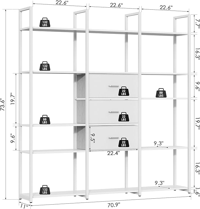 73.6" Tall Bookshelf with 3 Drawers and 16 Storage Shelves, Industrial Bookcase - Image 2