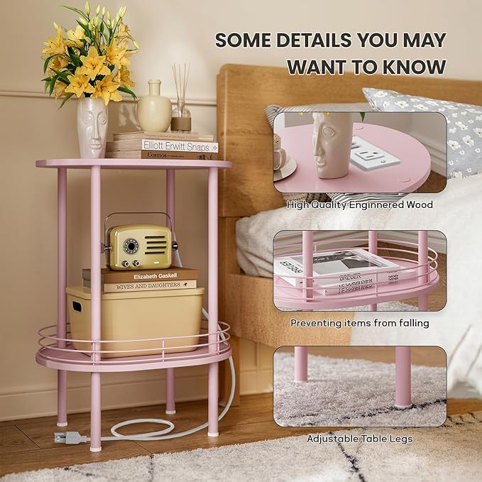 Small Round Side Table with Charging Station, Bedside Table with 2 USB Ports - Image 4