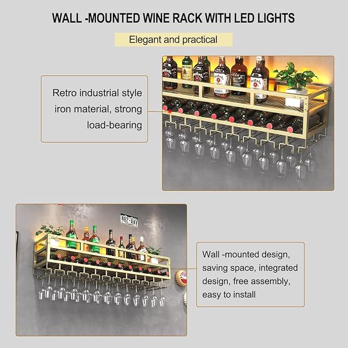 Pengfei LED Wine Rack Wall Mounted, Industrial Metal Wall Wine Shelf & Glass - Image 5