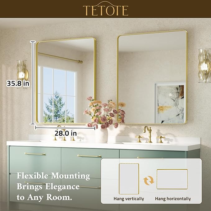 TETOTE Gold Mirror Bathroom 28 x 36 Brushed Gold Metal Framed Vanity Mirror - Image 7