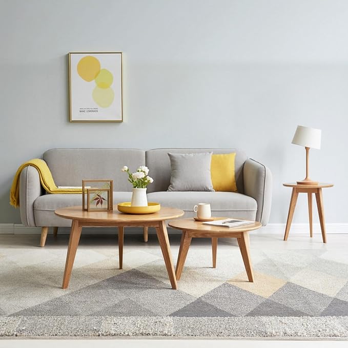 100% Solid Oak Wood Coffee Table Set, Round Coffee Table Combo Side Table by Vadisun