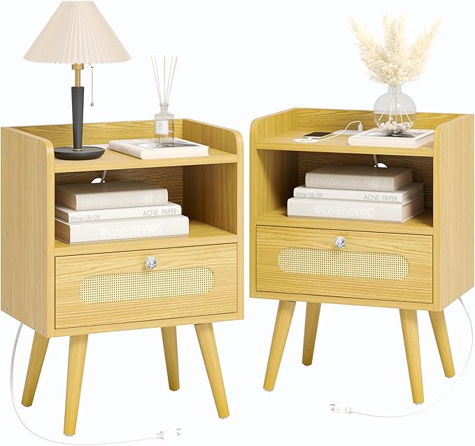 End Table Set of 2 with Charging Station, Diamond Décor Nightstands Set of 2 by AGDULL