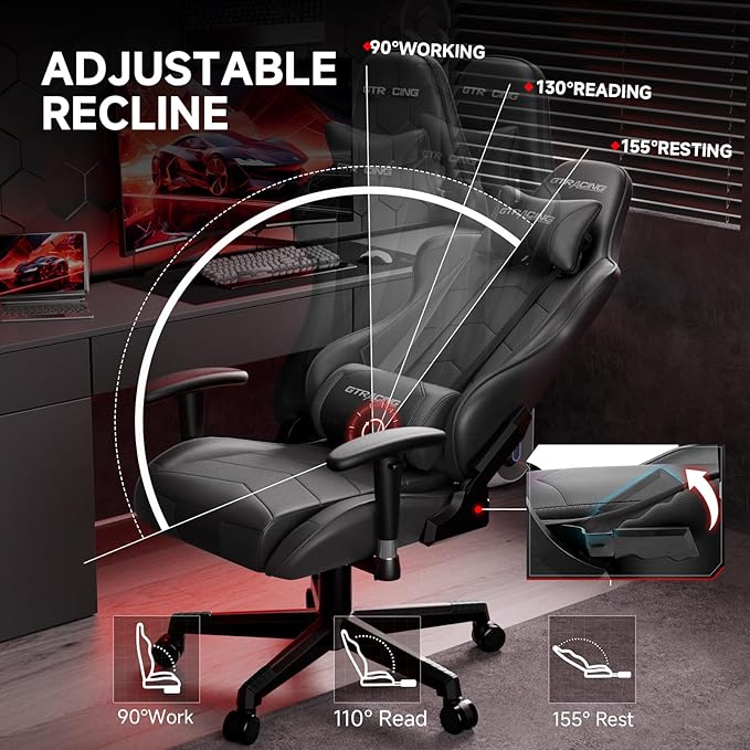 GTRACING Gaming Chair with Reclining Backrest, Adjustable Height and Swivel Base - Image 4
