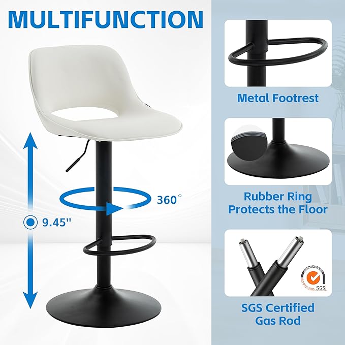 YOUNIKE Bar Stools Set of 2, Adjustable Counter Height Barstools Faux Leather - Image 4