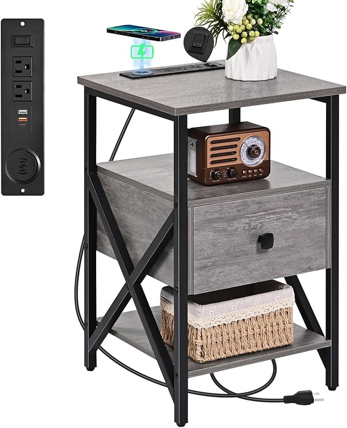 Side Tables with Wireless Charging Station, Side Tables with Wood Drawer by Livofloral