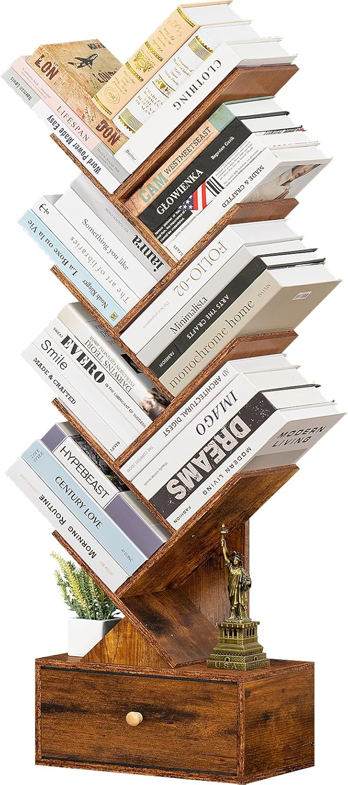8 Tier Tree Bookshelf with Drawer, Free Standing Wood Bookcase - Image 7