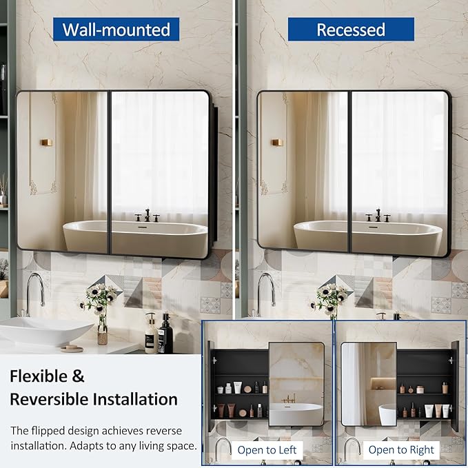 40x30 Inch Black Medicine Cabinet Mirror Metal Framed Recessed Bathroom - Image 3