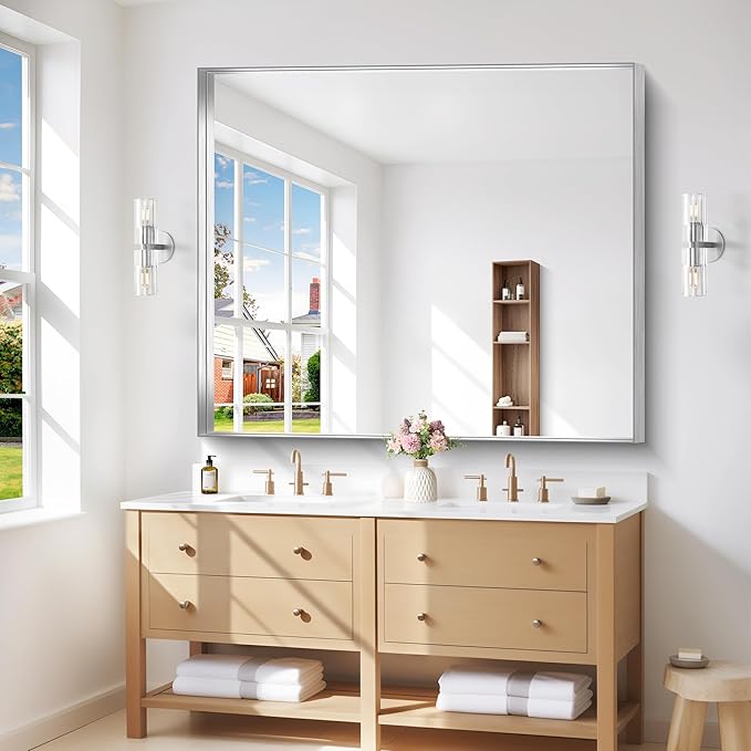 Silver Bathroom Mirror, 40x48 Inch Rectangular Framed Mirror, Large Wall - Image 2