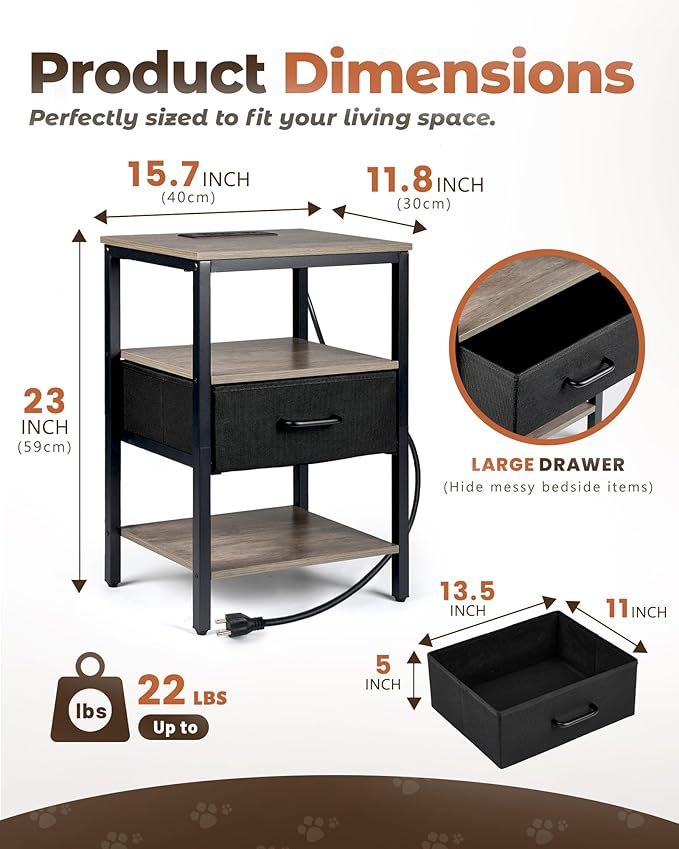 Nightstand with Charging Station, Bed Side Table with Fabric Drawer, 3-Tier - Image 2