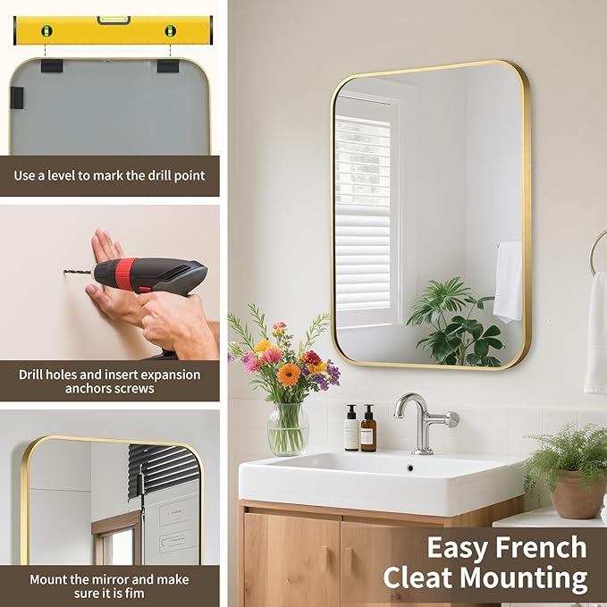Gold Bathroom Mirror, 22x30 Inch Aluminum Frame Rectangle Mirror, Tempered Glass - Image 7