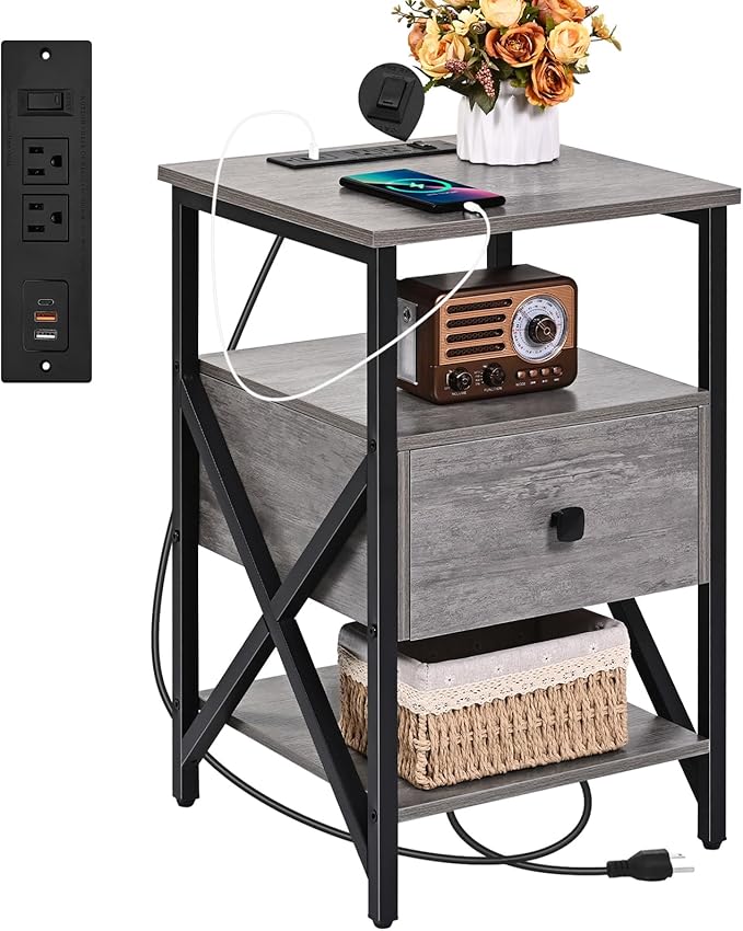End Tables with Charging Station, Night Stands with Wood Drawer, Nightstand by Livofloral