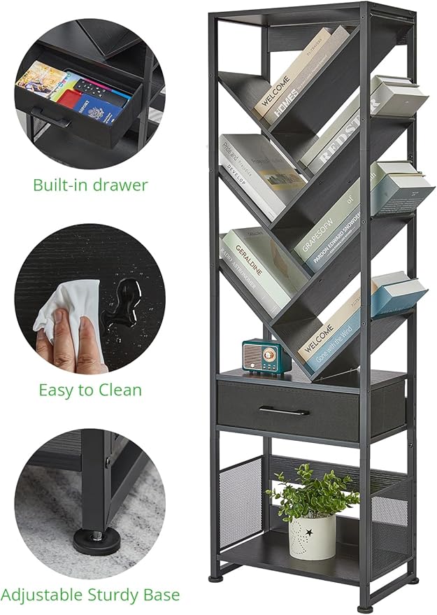 Bookshelf with Drawer, 10 Tier Tree Bookcase Retro Floor Standing Bookshelves - Image 3