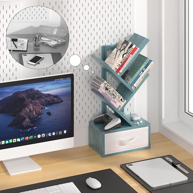Small Book Shelf with Drawer, 4 Tier Black Tree Bookshelf, Modern Desk Display - Image 8
