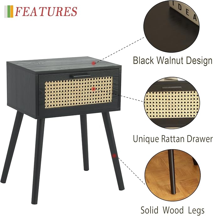 AWASEN Mid Century Modern Nightstand, Rattan Side Table - Image 3