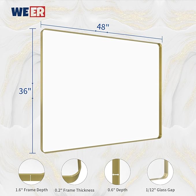 WEER Gold Bathroom Mirror, 48X36 Inch Brushed Gold Metal Frame Mirror, Rounded - Image 6