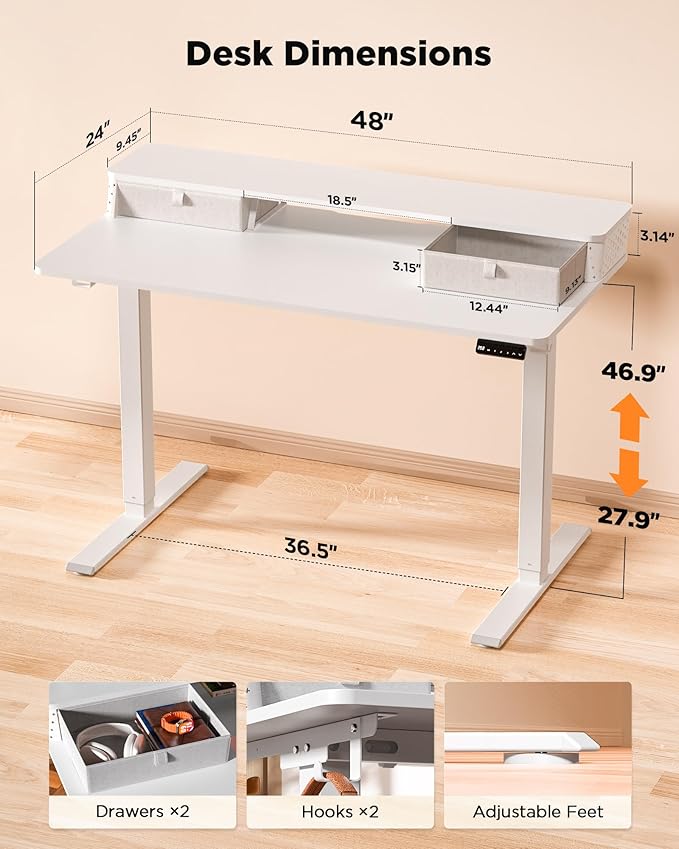 48x24 Inch Standing Desk with Double Drawers, C-Clamp Mount Compatible - Image 3