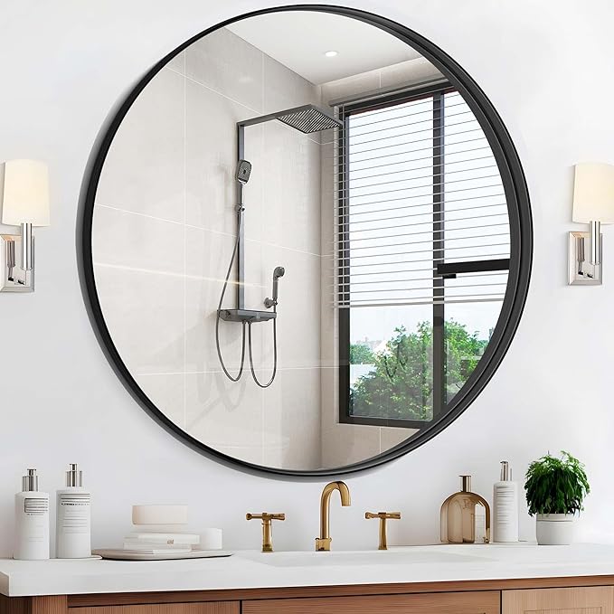 Black Round Mirror 42 inch Deep Frame Circle Mirror, Metal Frame Round Bathroom by WelcometoCIVENO