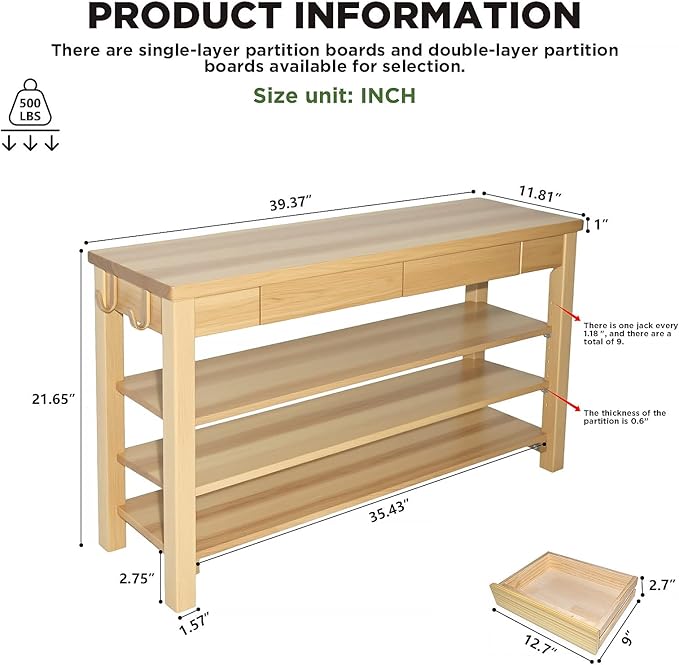 Wood Shoe Bench Entryway with Drawer: 3-Tiers Wooden Storage Shoe Rack with - Image 2