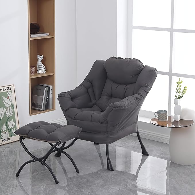Lazy Chair with Folding Ottoman, Modern Accent Lounge Armchair with Armrests - Image 7
