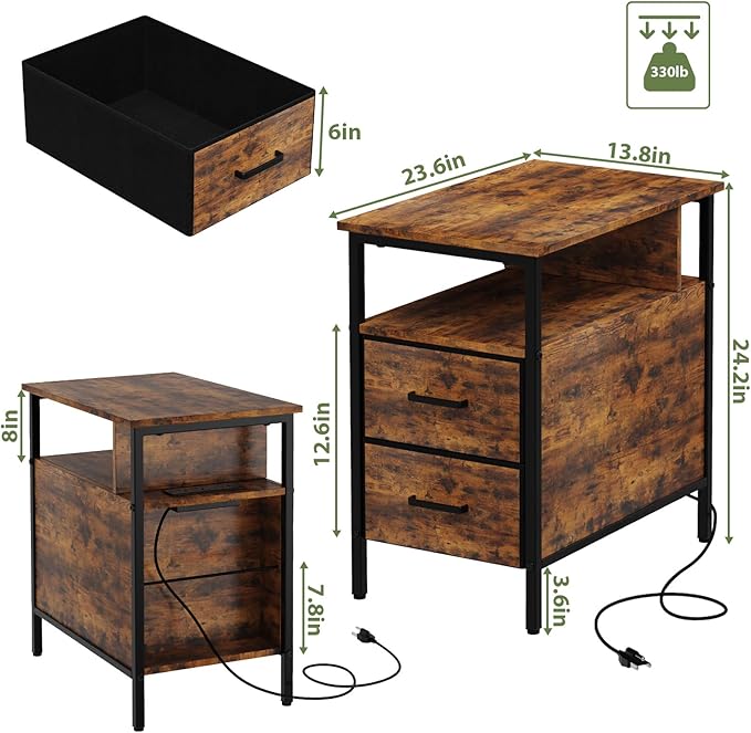 End Table with Charging Station, Narrow Side Table with 2 Fabric Drawer & - Image 2