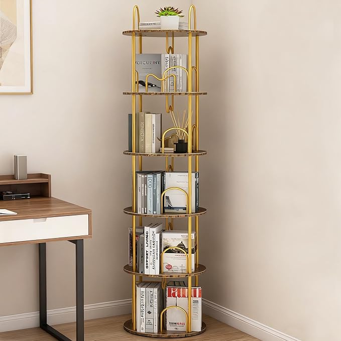 5 Tier Rotating Bookshelf, 360° Spinning Bookshelf Tower, Round Narrow Space by Merkisa