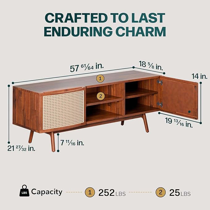 Bme TV Stand with Elegant Curved Shape & Inlaid Rattan, Nancy Solid Wood Tv - Image 2