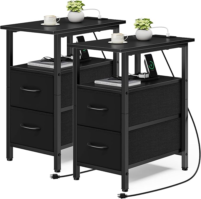 Vagusicc End Table with Charging Station Set of 2, Narrow Side Table, 23.8'' by Vagusicc