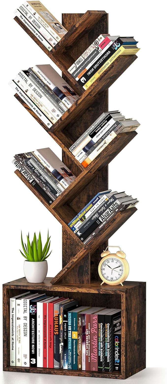 6 Tier Tree Bookshelf, Sturdy Retro Floor Standing Wood Bookcase, Storage Rack by ART-GIFTREE