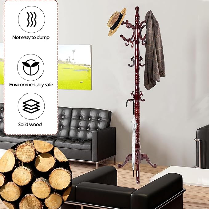 Coat Racks Free Standing with 14 Hooks, Natural Wood Coat Stands - Image 2