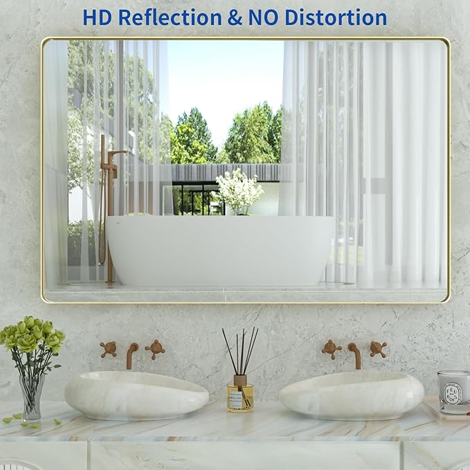 WEER Gold Bathroom Mirror, 55X36 Inch Brushed Gold Metal Frame Mirror, Rounded - Image 2