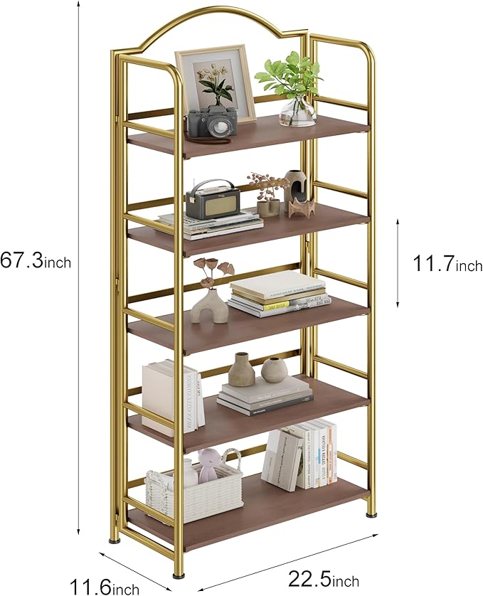 No-Assembly Gold Folding Bookshelf Storage Shelves 5 Tiers Vintage - Image 3