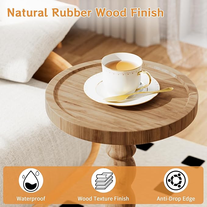 Solid Wood Drink Table, Rubber Wood‌ Small Round Side Table - Image 4