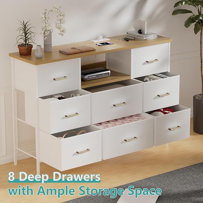 White Dresser with LED Lights and Power Outlets, Dresser TV Stand with 8 Drawers - Image 7