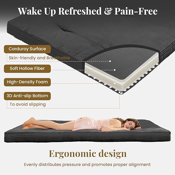 Japanese Floor Mattress, Corduroy Foldable Mattress Pad Roll Up Tatami Mat - Image 2