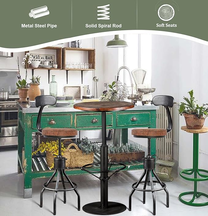 LOKKHAN Set of 2 Industrial Leather Bar Stools-Adjustable Swivel Metal Bar - Image 4