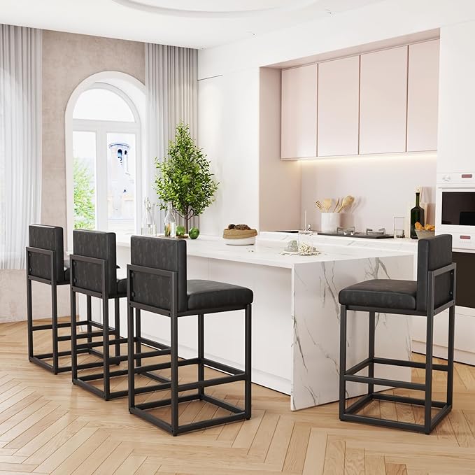 Barstools Set of 2 Black Metal Bar Stools Modern Bar Chairs Pu Leather - Image 4
