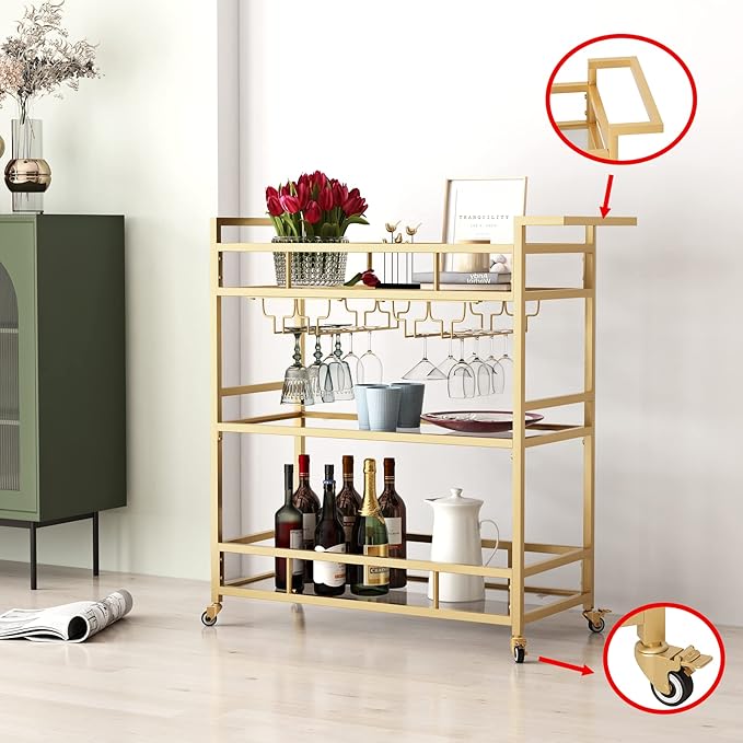 Gold Bar Carts with 3 Tier Glass Shelves, Rolling Serving Bar Cart with Wine - Image 2