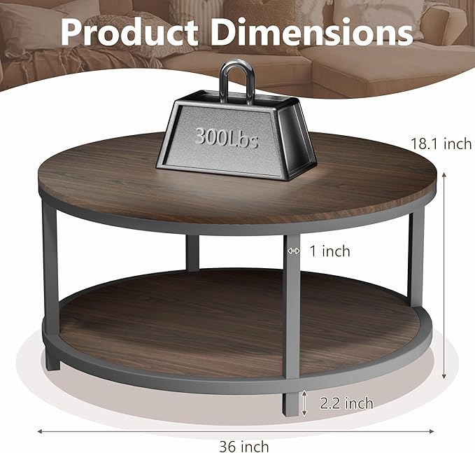 NSdirect 36 inches Round Coffee Table, Rustic Wooden Surface Top & Sturdy Metal - Image 2