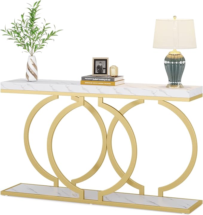 LITTLE TREE 55 inch Faux Marble Gold Console Table Modern Entryway Table Narrow by LITTLETREE