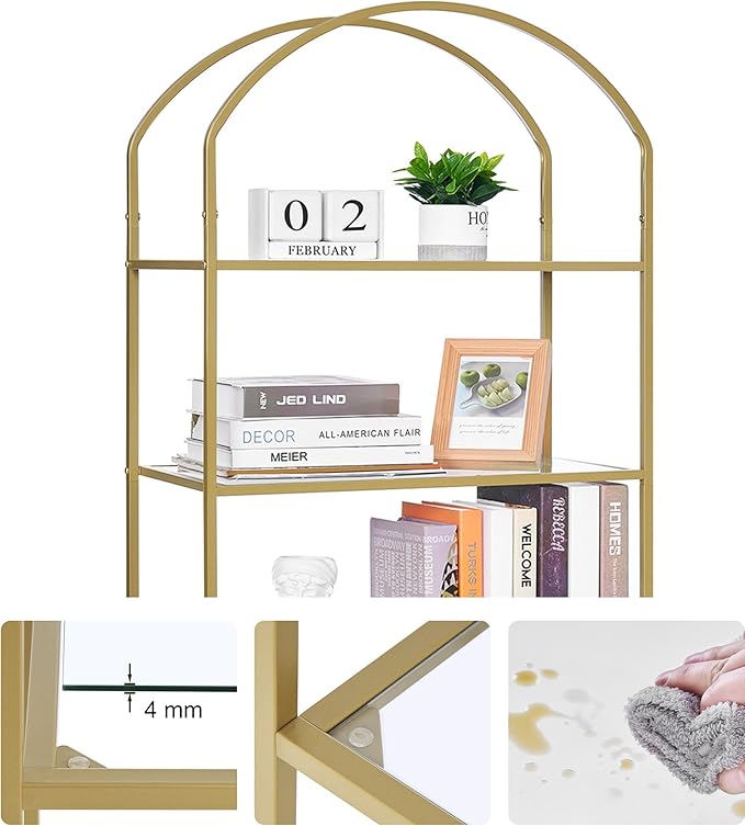Homhedy Bookshelf Arched Display Racks, Metal Bookcase, Tempered Glass Shelves - Image 4