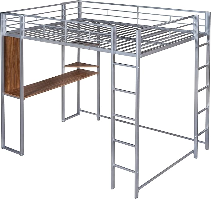 Full Size Metal Loft Bed with 2 Storage Shelves and 1 Desk, Steel Structure Bed - Image 4
