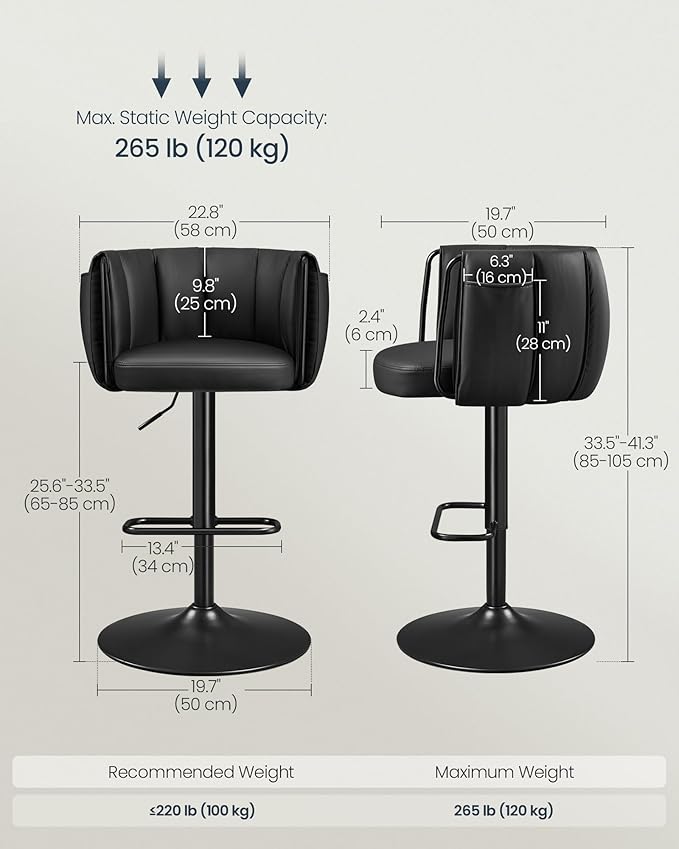 SONGMICS Home 360° Swivel Bar Stools Set of 2, Height Adjustable Barstools - Image 2