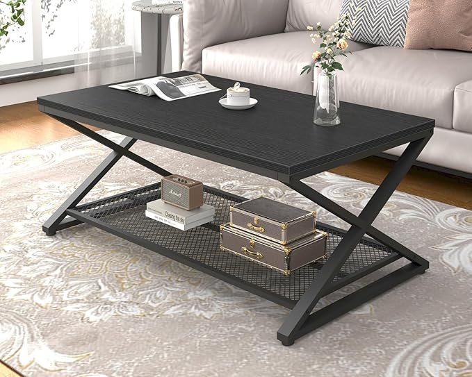 LVB Black Coffee Table, Metal Wood 2 Tier Center Tables - Image 2