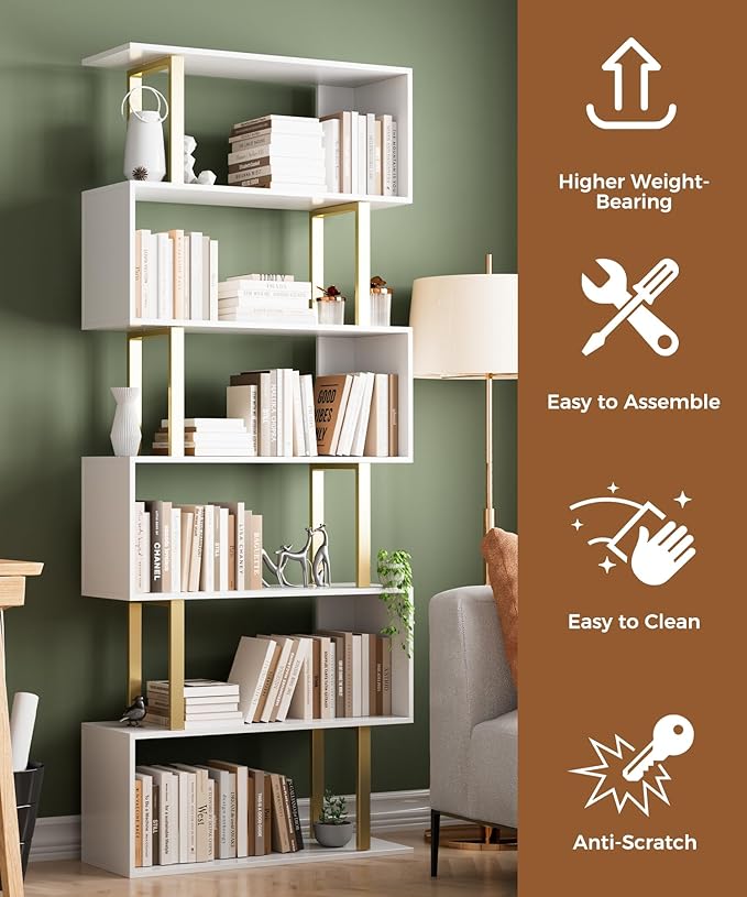 Gadroad 6-Tier Geometric Bookcase, S Shaped Bookshelf, Wood Decorative Storage - Image 4