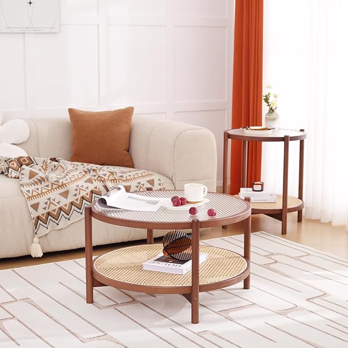 Tiita Rattan Nightstand Side Table, Bamboo Accent Bedside Tables, Glass Coffee - Image 5