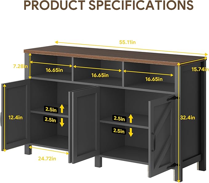 Buffet Sideboard with Storage Farmhouse with 4 Doors, Dining Room - Image 2