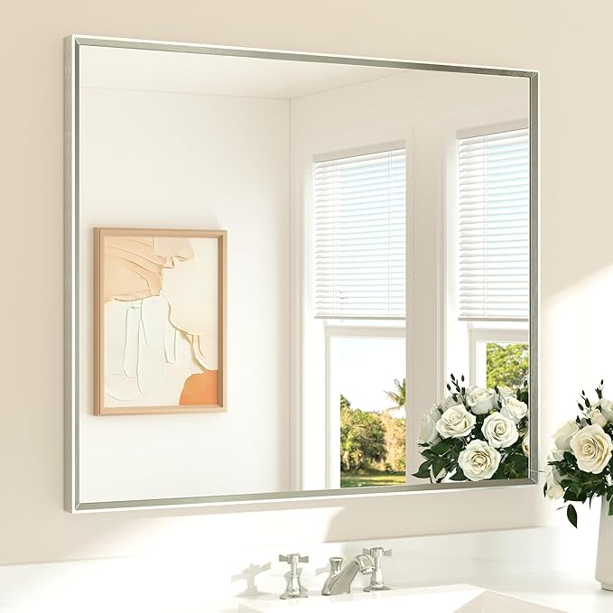 TETOTE Bathroom Mirror for Over Sink Brushed Nickel Beveled Frame 42" x 36" by TETOTE