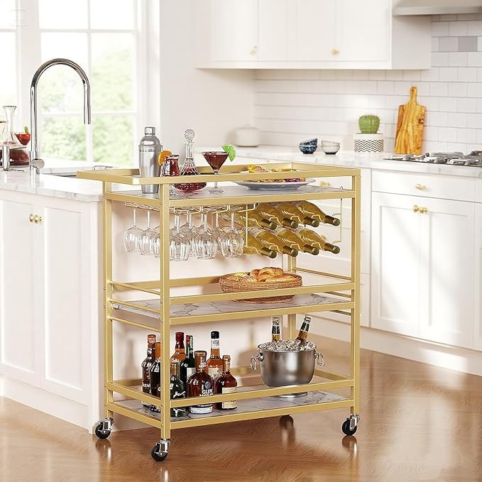 Leteuke Bar Cart for Home, 3 Tier Gold Serving Rolling Carts - Image 2